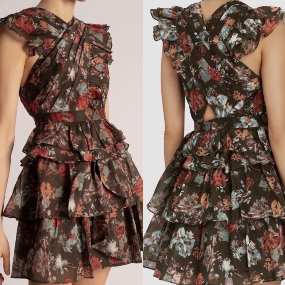 Ulla Johnson‎ Sarafina Floral Organza Mini Silk Blend Ruffle Dress Fern Green 2